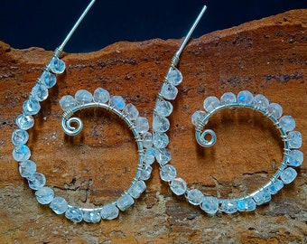 Rainbow Moonstone Earring Moonstone Hoop Earring Moonstone Blue Fire Earring Spiral Earring Wire Wrapped Modern Moonstone Silve Earring