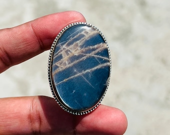 Handgemaakte ovale grijze maansteenring: 925 sterlingzilveren boho-sieraden