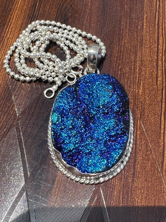 Blue Pendant Necklace Blue Druzy Necklace Blue Necklace September