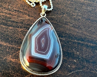 Handmade Teardrop Botswana Agate Pendant: Sterling Silver Necklace