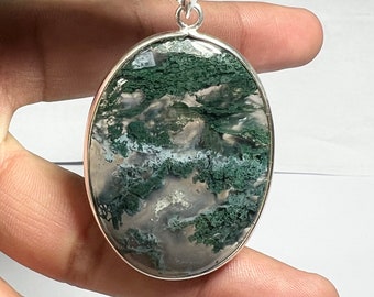 Handmade Sterling Silver Moss Agate Pendant Necklace - Minimalist Style