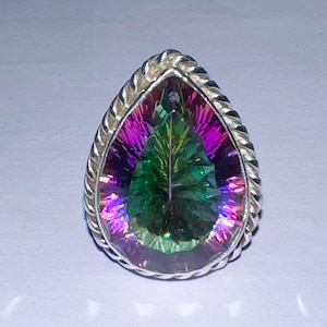 Handmade Pear Mystic Topaz Ring: Sterling Silver Filigree Statement Jewelry