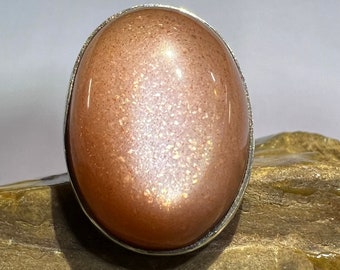 Handcrafted Peach Moonstone Ring: Sterling Silver Boho Jewelry