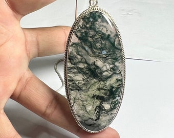 Handmade Sterling Silver Moss Agate Pendant Necklace - Minimalist Style