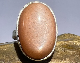 Handcrafted Peach Moonstone Ring: Sterling Silver Boho Jewelry