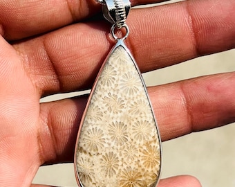 Handmade Teardrop Fossil Coral Pendant: Sterling Silver Gemstone Necklace