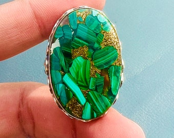 Anel artesanal em prata de lei com malaquita e cobre - Anel boho para coquetéis