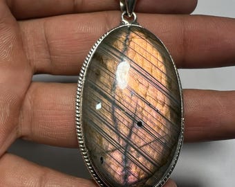 Large Purple Flash Labradorite Pendant - Sterling Silver Necklace