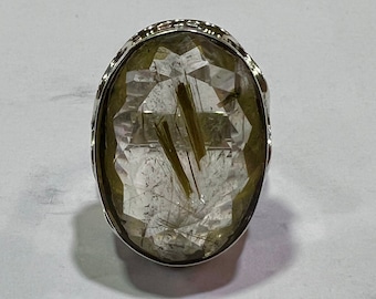 Handmade Sterling Silver Golden Rutilated Quartz Statement Ring (20x27 MM)