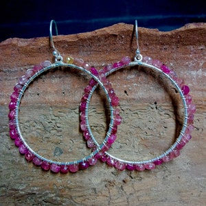 Pink Tourmaline Beaded Hoop Earrings: Gemstone Jewelry
