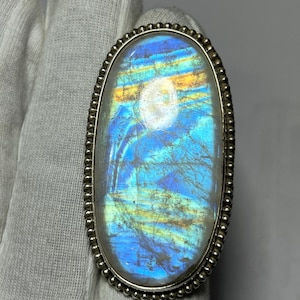 Regenboogmaansteenring, sterlingzilveren ring, 28 x 56 mm ovale regenboogmaansteenring, damesring, natuurlijke maansteenring, Blue Fire-ring