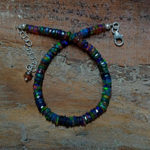 Black Opal Bracelet, Opal Silver Bracelet, Ethiopian Opal Smooth Rondelle Beads Bracelet, Multi Fire Opal Bracelet, Ethiopian Opal Jewelry