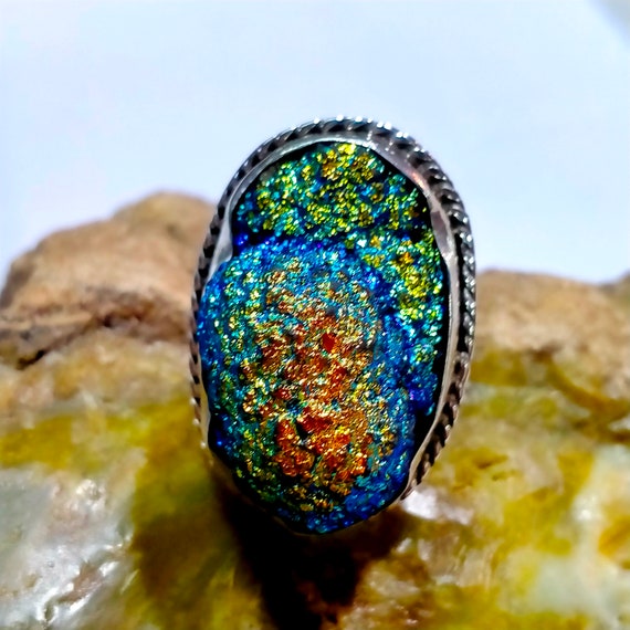 Blue Druzy Ring Druzy Jewelry Filigree Ring Shiny Ring Statement Ring Adjustable Ring Faux Druzy Ring Silver Druzy Gift For Him Etsy France