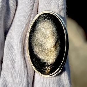 Handmade Silver Sheen Obsidian Ring: 925 Sterling Silver, Large Oval Statement