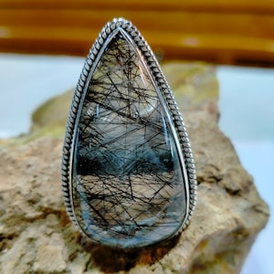 Black Rutilated Quartz Ring Natural Rutilated Ring Stretchable Ring Handmade Ring Statement Ring Stone Size 23x42 MM C-786