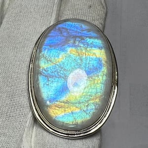 Regenboogmaansteenring, sterlingzilveren ring, 28 x 41 mm ovale regenboogmaansteenring, damesring, natuurlijke maansteenring, Blue Fire-ring