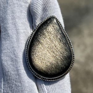Handmade Silver Sheen Obsidian Ring: 925 Sterling Silver, Large Oval Statement