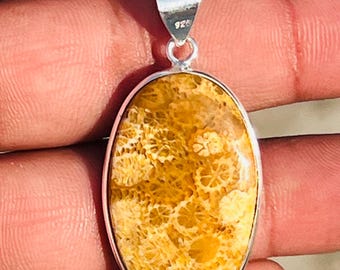 Colgante de coral fósil hecho a mano: Collar ovalado de plata de ley (22 x 33 mm)