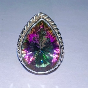 Handmade Pear Mystic Topaz Ring: Sterling Silver Filigree Statement Jewelry