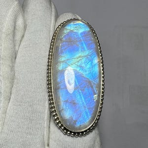 Regenboogmaansteenring, sterlingzilveren ring, 24 x 57 mm ovale regenboogmaansteenring, damesring, natuurlijke maansteenring, Blue Fire-ring