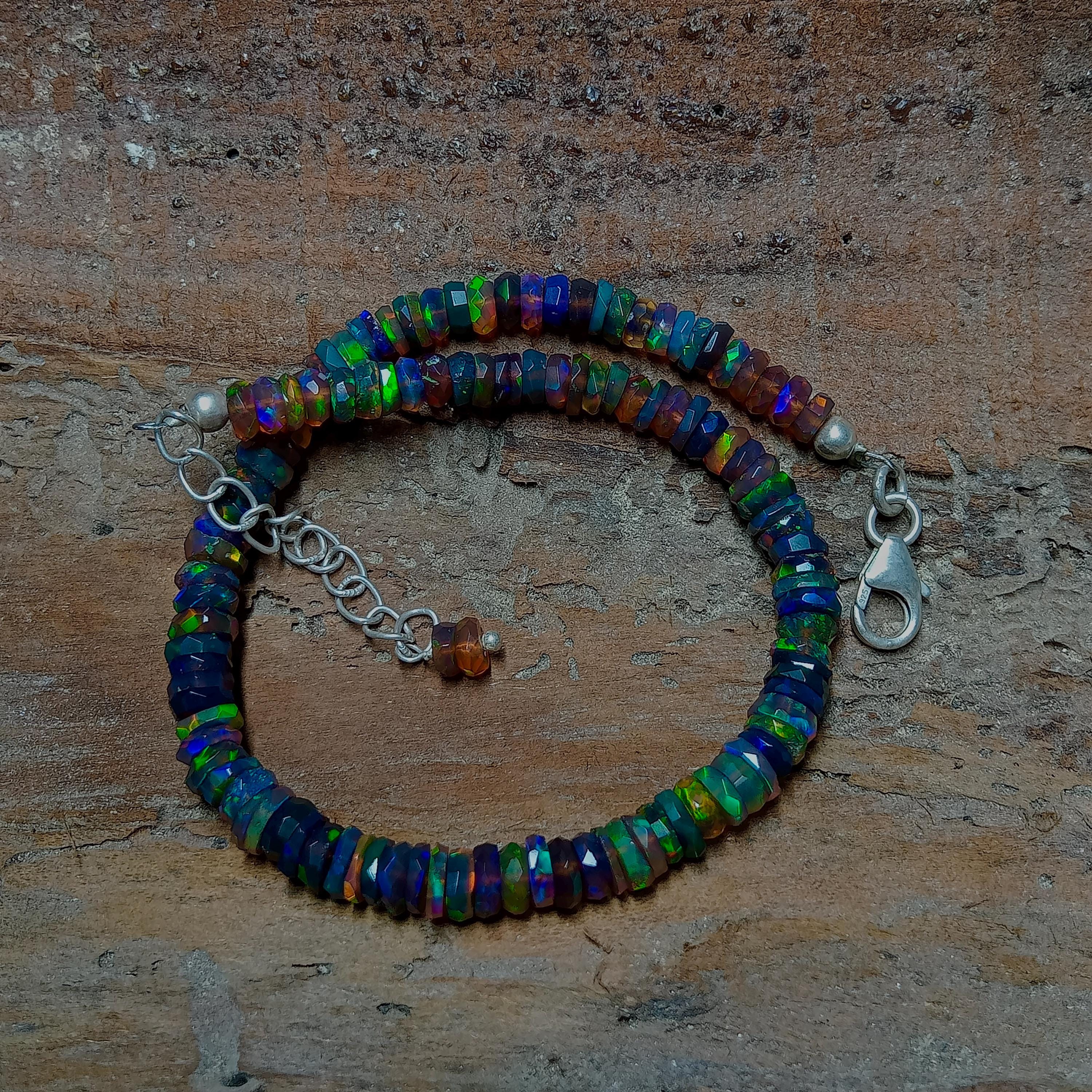 エチオピア産ブラックオパールブレスレット：925シルバー、マルチ