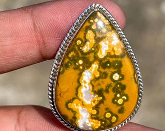 Handmade Teardrop Ocean Jasper Ring: 925 Sterling Silver Cocktail Ring
