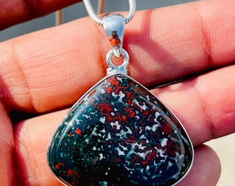 Teardrop Bloodstone Pendant: Sterling Silver Unisex Jewelry (33x29 MM)