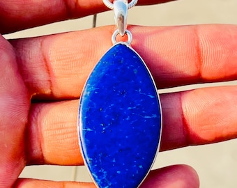 Handmade Lapis Lazuli Sterling Silver Pendant Necklace, Minimalist Oval