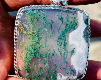 Handmade Sterling Silver Moss Agate Pendant Necklace - Minimalist Style