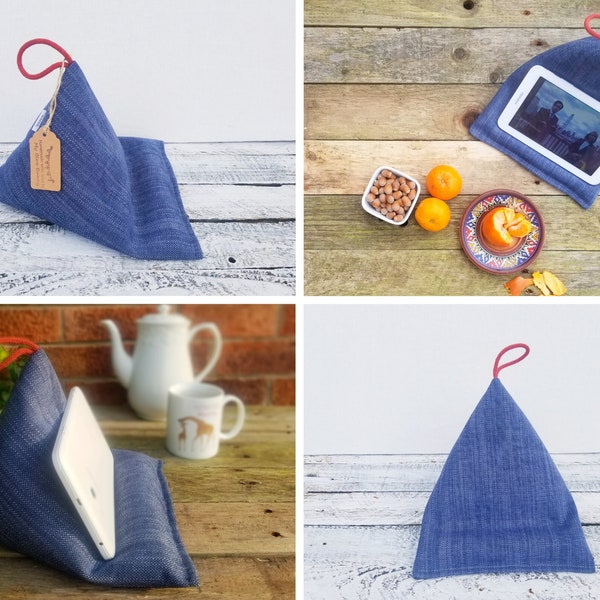 Handmade Fabric Tablet/Kindle/IPad Pillow Stand | Navy Blue Stand | Tablet/IPad Bed Stand | Homeschooling | Bed Beanbag | WFH | Father's Day