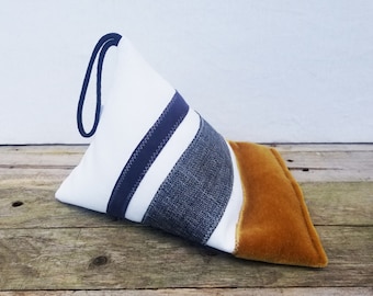 Handmade Patchwork Tablet Pillow Stand: Mustard, Black, White