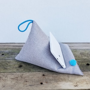 Handmade Fabric Tablet/Kindle/IPad Pillow Stand | Grey Stand With Pom pom| Tablet/IPad Bed Stand | Mother&#39;s Day Gift | Bed Beanbag WFH