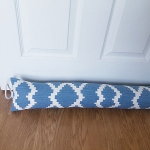 Energy Saver Made to Measure LONG Draft Excluder With Filling And Loop / Fire Resistant Fabric/ Moroccan Clover Blue White Pattern