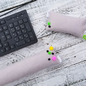 Ergonomic Handmade Mouse & Keyboard Wrist Rest | Grey Linen With Pompoms | 6 SIZES| Home Office| Coworker Gift | WFH TKL | Mother&#39;s Day Gift