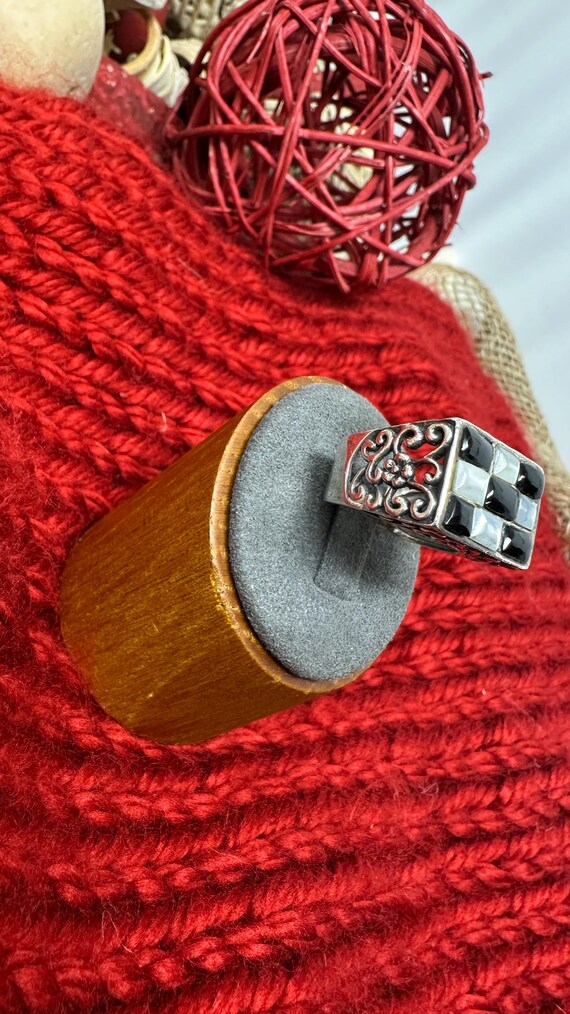 Checkboard black & White Rectangle Silver Ring - … - image 4