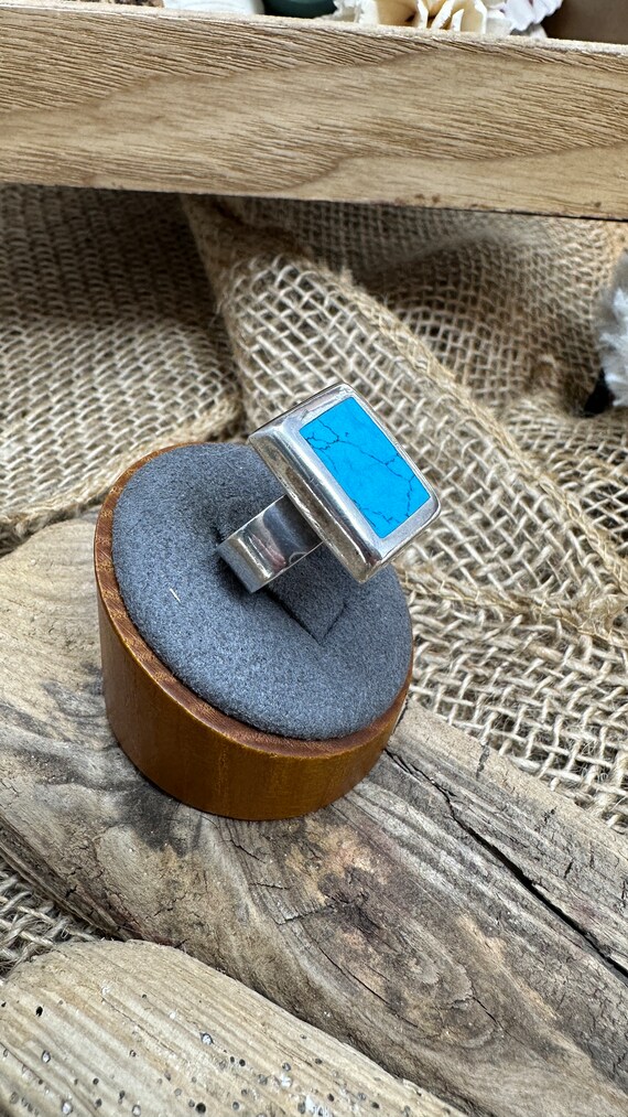 Silver Rectangle Ring - Blue Center 925 Sterling … - image 2