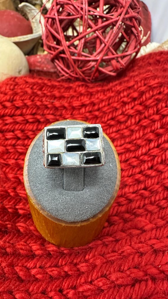 Checkboard black & White Rectangle Silver Ring - … - image 2