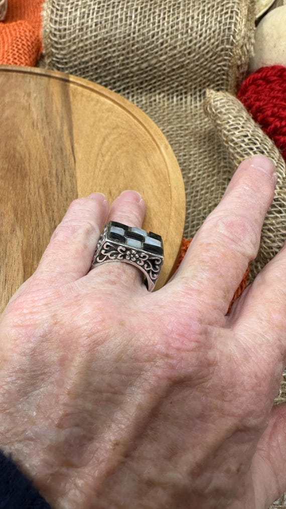 Checkboard black & White Rectangle Silver Ring - … - image 5