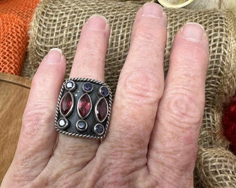 Rectangle Silver Ring - Red/Purple - 925 Sterling Silver
