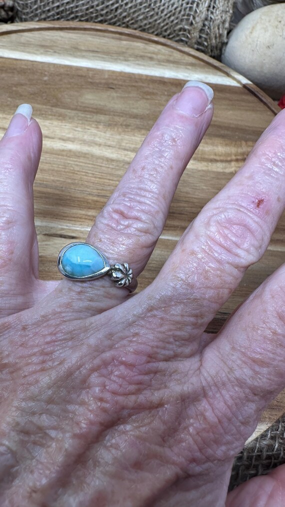 Teardrop Larimar Silver Flower Ring - image 5