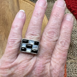 Checkboard black & White Rectangle Silver Ring - 925 Sterling Silver