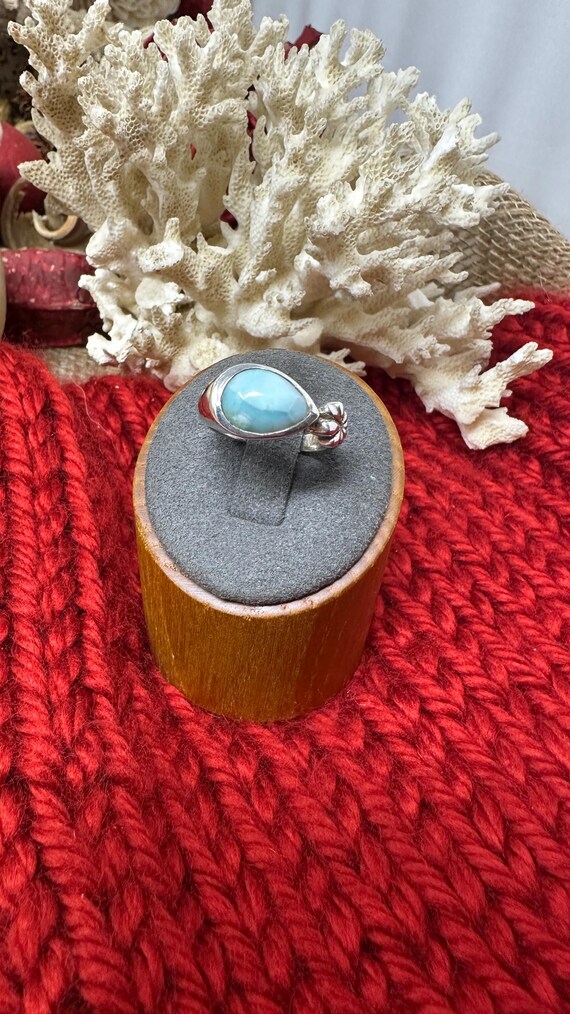 Teardrop Larimar Silver Flower Ring - image 3