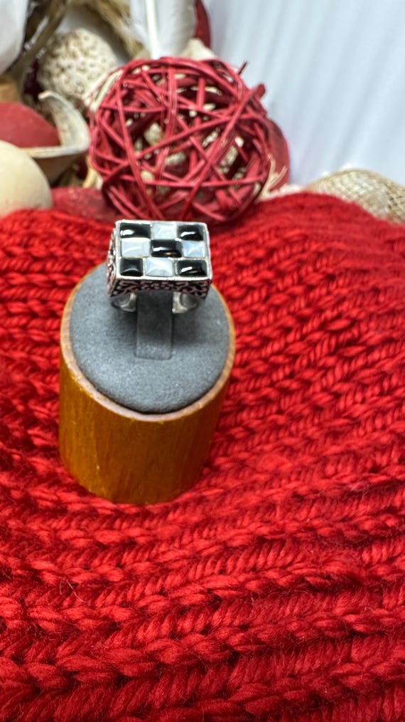 Checkboard black & White Rectangle Silver Ring - … - image 3