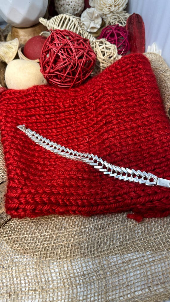 Herringbone Pattern Silver Bracelet - 14mm Wide 9… - image 2