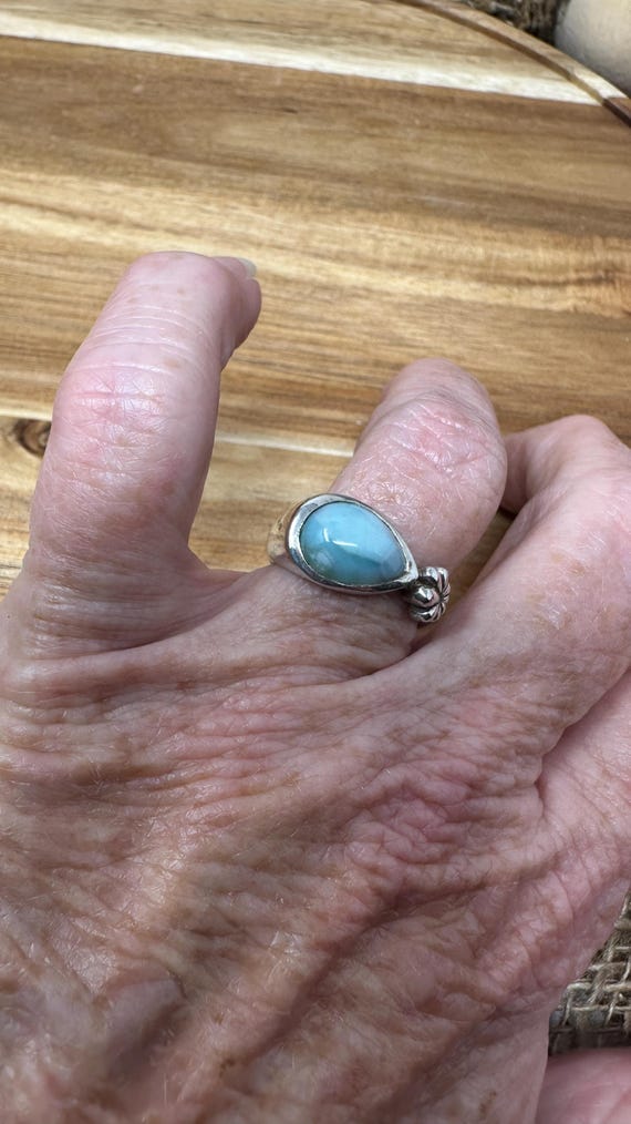 Teardrop Larimar Silver Flower Ring - image 6