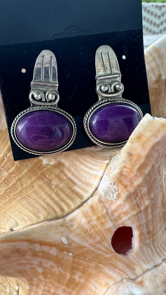 Purple oval stone - Silver Pendulum Earrings 925 S