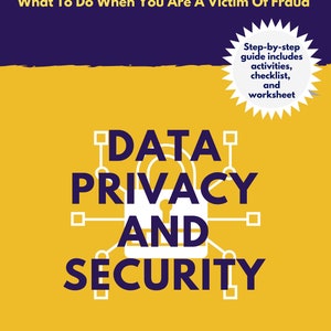 Op de afbeelding: Een gele boekomslag met de titel "Data Privacy and Security" in vetgedrukte, donkerblauwe tekst. De ondertitel is "By Darnell Eason" in donkerblauwe tekst. De boekomslag bevat ook een wit hangslotpictogram met lijnen die vierkanten verbinden. Een gele ster met de tekst "Stapsgewijze handleiding bevat activiteiten, checklist en werkblad" bevindt zich in de rechterbovenhoek.