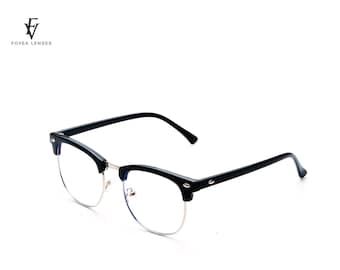 Priestly - Black Clubmaster with Polished Silver, Anti Blue Light Glasses by FV Lenses