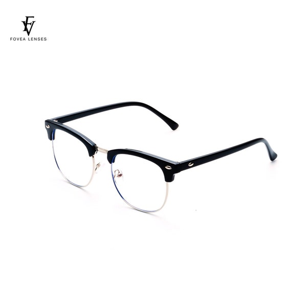 Priestly - Black Clubmaster with Polished Silver, Anti Blue Light Glasses by FV Lenses