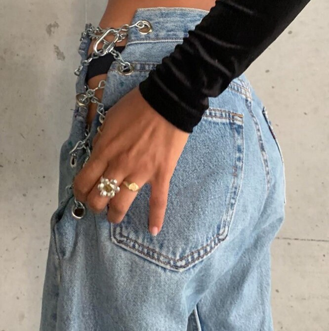 Blue Baggy High Waist Jeans With Chains Etsy